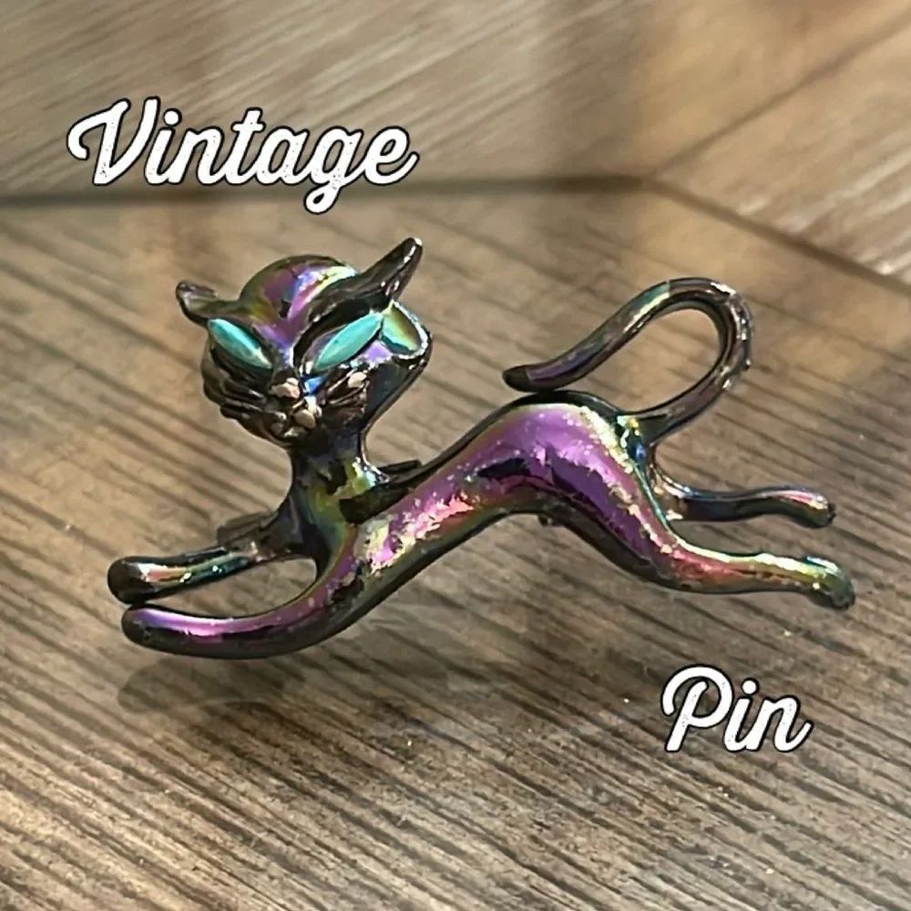 Vtg MCM Metallic Iridescent Cat Brooch Blue Turquoise Eyes Siamese Oil Slick